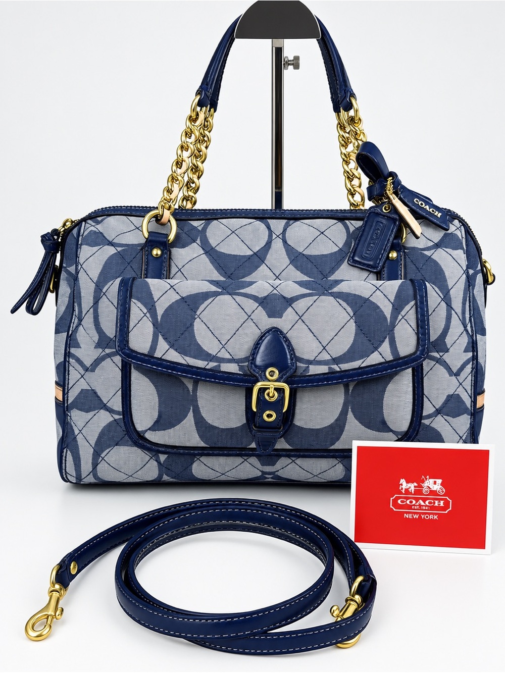 Coach Poppy Quilted Signature Denim Pocket Satchel 25072 Navy Leather 2Way Bag